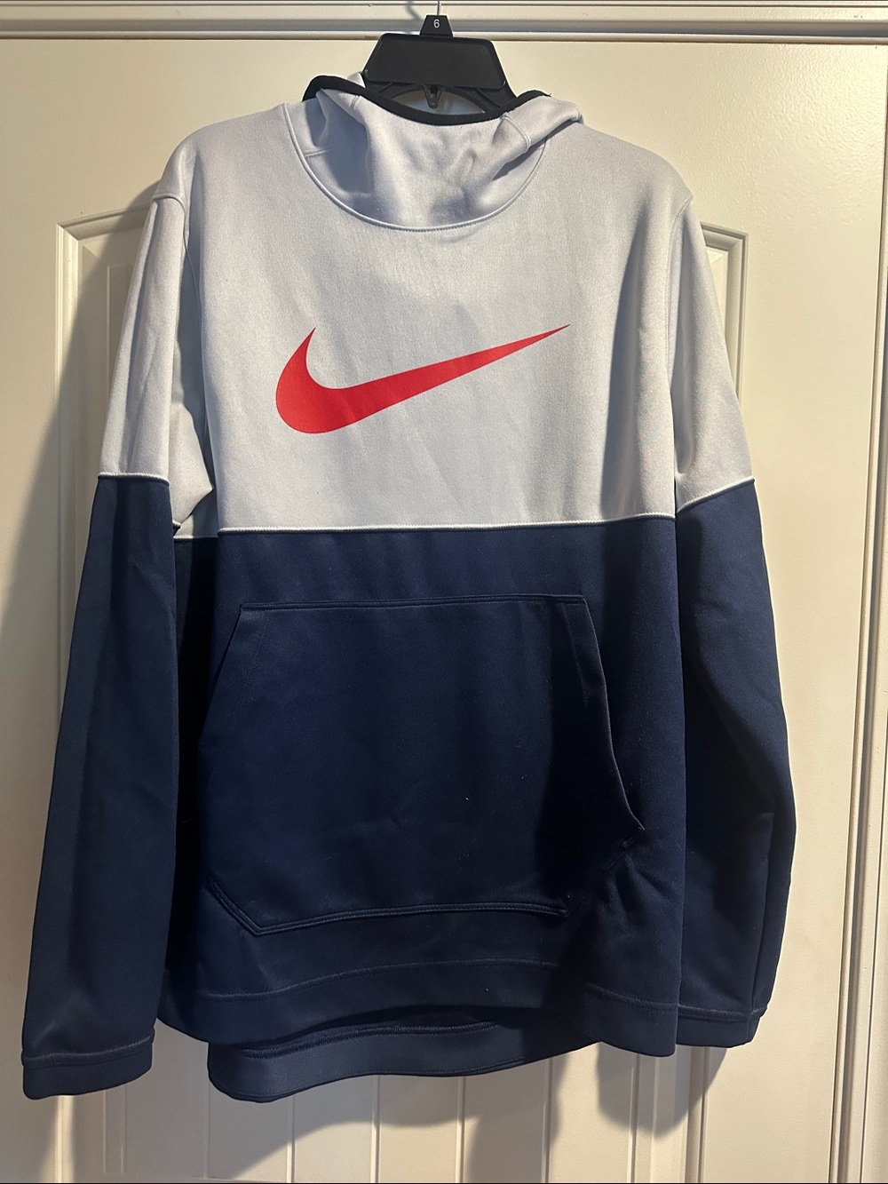 Nike Two-Tone Hoodie in Light Gray and Navy with Red Swoosh